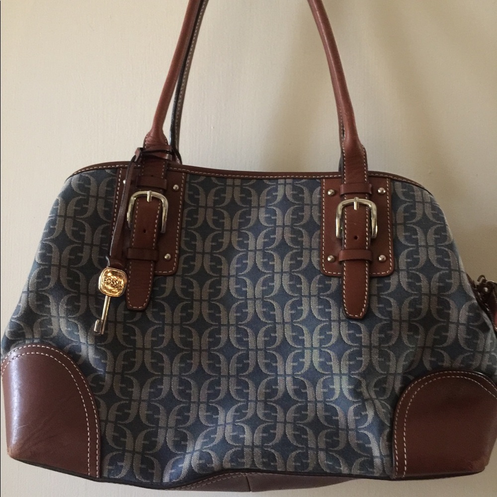 Designer-Inspired Blue Patterned Tote with Brown Leather Trim